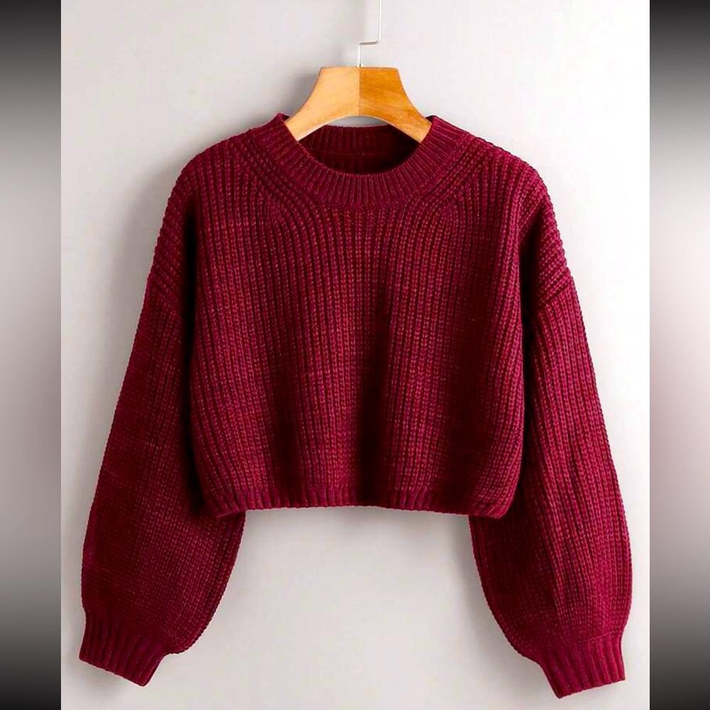 Cropped Burgundy Bell-Sleeve Mock Sweater